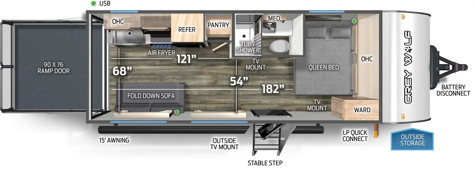 The 18RR has no slide outs, a rear ramp door and one entry door. Exterior features include outside TV mount, mid stable step entry, 15 foot awning, LP quick connect, outside storage, and battery disconnect. Interior layout front to back: queen bed with overhead cabinet, wardrobe, and TV mount; off-door side aisle full bathroom with medicine cabinet; entry door; off-door side pantry, refrigerator, overhead cabinet, air fryer, and sink; door side fold down sofa. Cargo measurements: 182 inches from the rear of the trailer to the front queen bed; 54 inches from the side aisle bathroom to the door side wall; 121 inches from the rear of the trailer to the side aisle bathroom wall; 68 inches from the kitchen countertop to the door side wall; 90 inch by 76 inch rear ramp door.